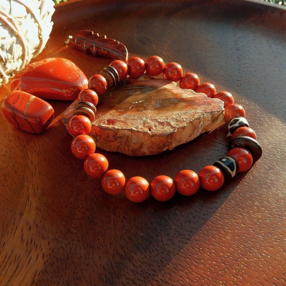 Life Force Fossil Energy Mala Bracelet/Men's Mala Bracelet/Red Jasper Grounding - Picture 1 of 4
